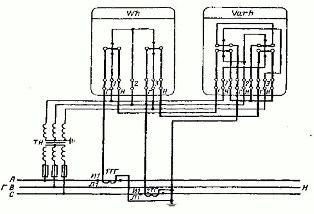Schema de includere indirectă a contoarelor cu două elemente de energie activă și reactivă într-o rețea cu trei fire peste 1 kV