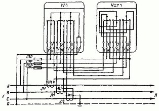 Schéma polo nepřímého začlenění tříprvkových aktivních a reaktivních měřičů energie do čtyřvodičové sítě se samostatnými obvody proudu a napětí
