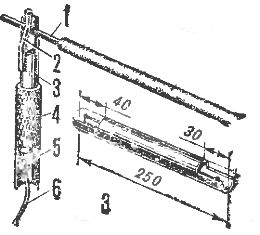 Държач за електрод: 1 - електрод, 2 - пружина, 3 - тръба, 4 - гумен маркуч, 5 - винт и гайка M8, 6 - кабел