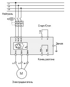 Примерна схема на свързване на двигател с мек стартер