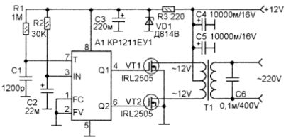 Elektriskt schematiskt diagram över en 12V till 220V 50Hz-omvandlare