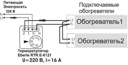 Kahden infrapunalämmittimen kytkentäkaavio Eberle RTR-6163 -lämpötilansäätimelle
