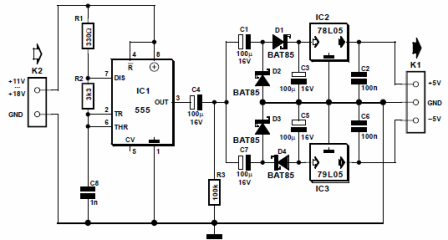 Circuitul convertorului de tensiune al micropowerului pe cronometrul 555