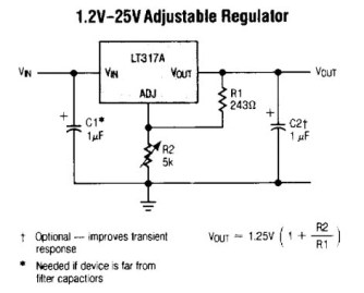 Regulējamā stabilizatora LT317A tipiskā komutācijas shēma