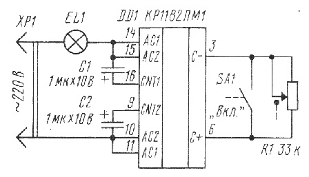 Типична шема за укључивање микро круга фазног регулатора снаге КР1182ПМ1