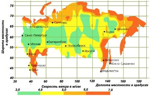Průměrná roční distribuce větrů na území Ruska, určená pro výšky 50 metrů