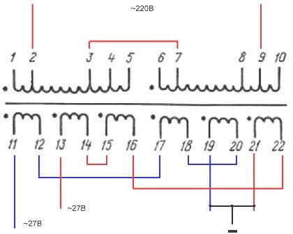Прикључак намота трансформатора ТПП-281-127 / 220-50