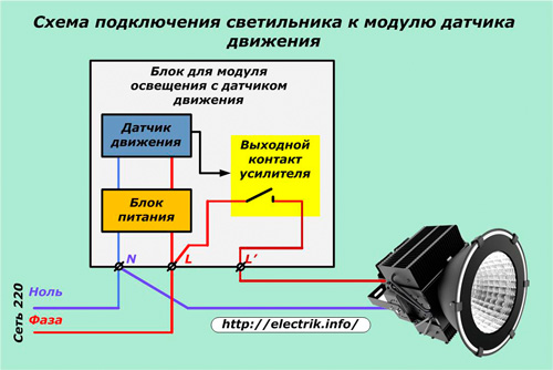 Схема на свързване на лампата към сензора за движение