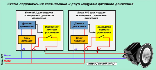 Схема на свързване на осветителното тяло към два модула на датчици за движение