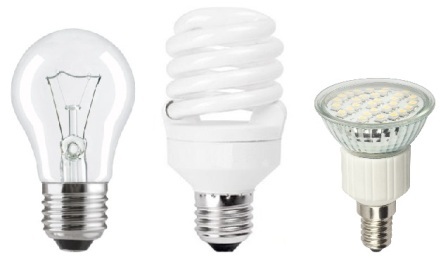 Лампа с нажежаема жичка, CFL и LED лампа
