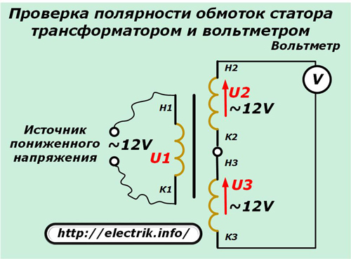 Verificarea polarității înfășurărilor statorului cu un transformator și un voltmetru