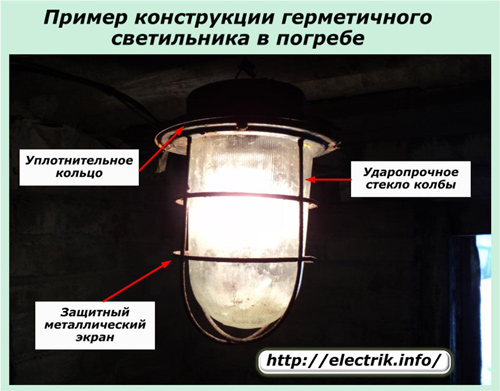 Příklad konstrukce zapečetěné lampy ve sklepě