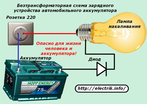 Transformerless battery charger circuit for car battery