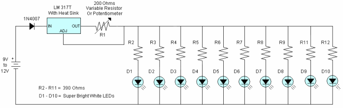 Schema des Stromstabilisators auf einem einstellbaren Stabilisator LM317