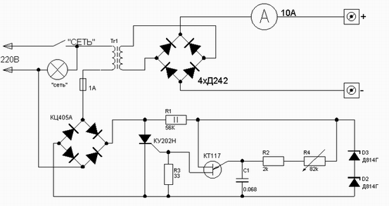 Regulējama akumulatora lādētāja ar tiristoru regulatoru shēma