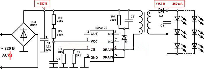 Circuito controlador típico para LED de transformador