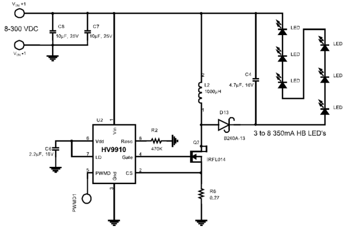 Circuito controlador típico sin transformador de 220 V para LED