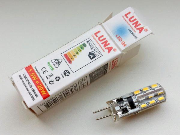 Ein Beispiel für eine LED-Lampe mit einer G4-Buchse und einem 12-V-Netzteil