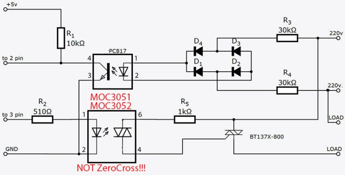 Litar dengan pengesan lintasan nol pada optocoupler transistor