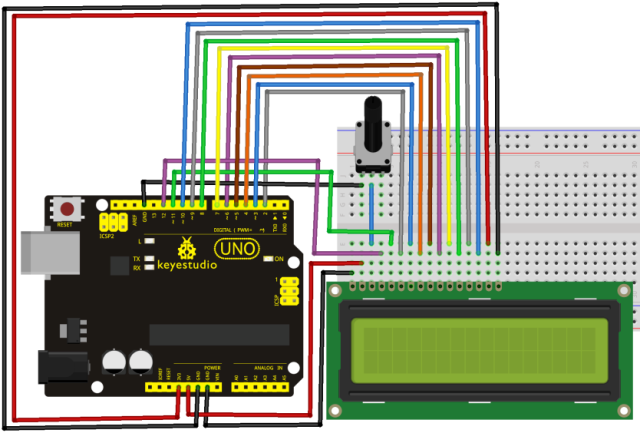 Schéma připojení displeje k Arduino v 8 bitovém režimu ovládání