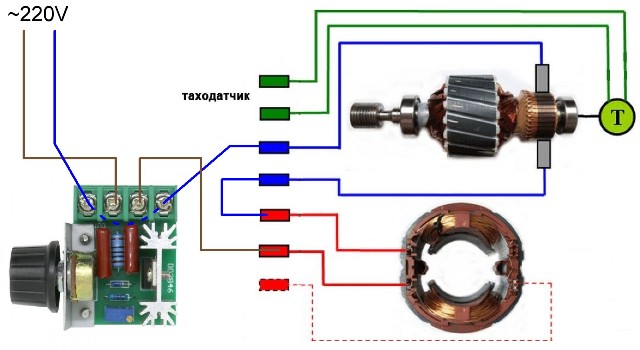 Der Anschlussplan des Motors von der Waschmaschine mit der Möglichkeit, die Geschwindigkeit einzustellen
