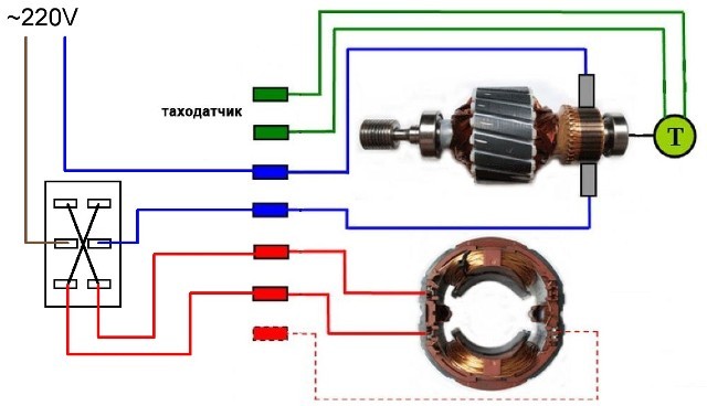 Motora savienojuma shēma no veļas mašīnas ar iespēju pārslēgt griešanās virzienu