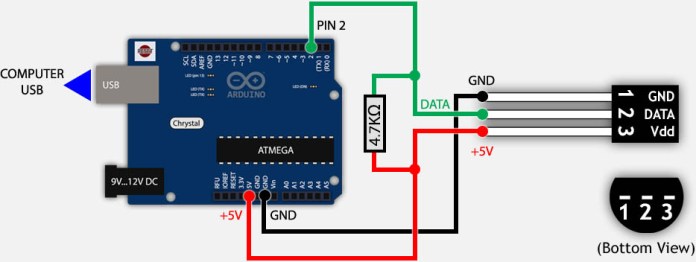 Anslutningsdiagram för ds18b20-sensorn till Arduino