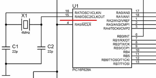Fragment de circuit cu rezonator extern conectat la pic16f628a