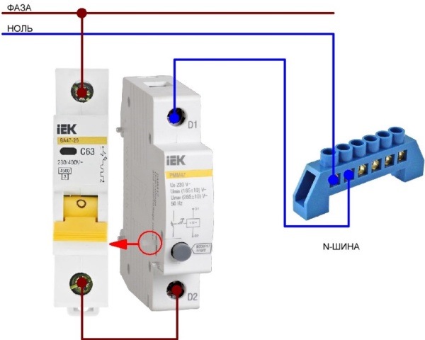Connection diagram of the IEK PMM47 minimum and maximum voltage release