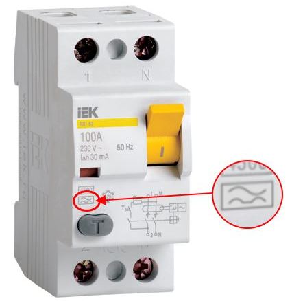 Typ A-märkning på VD1-63 IEK®-kapsling (RCD)